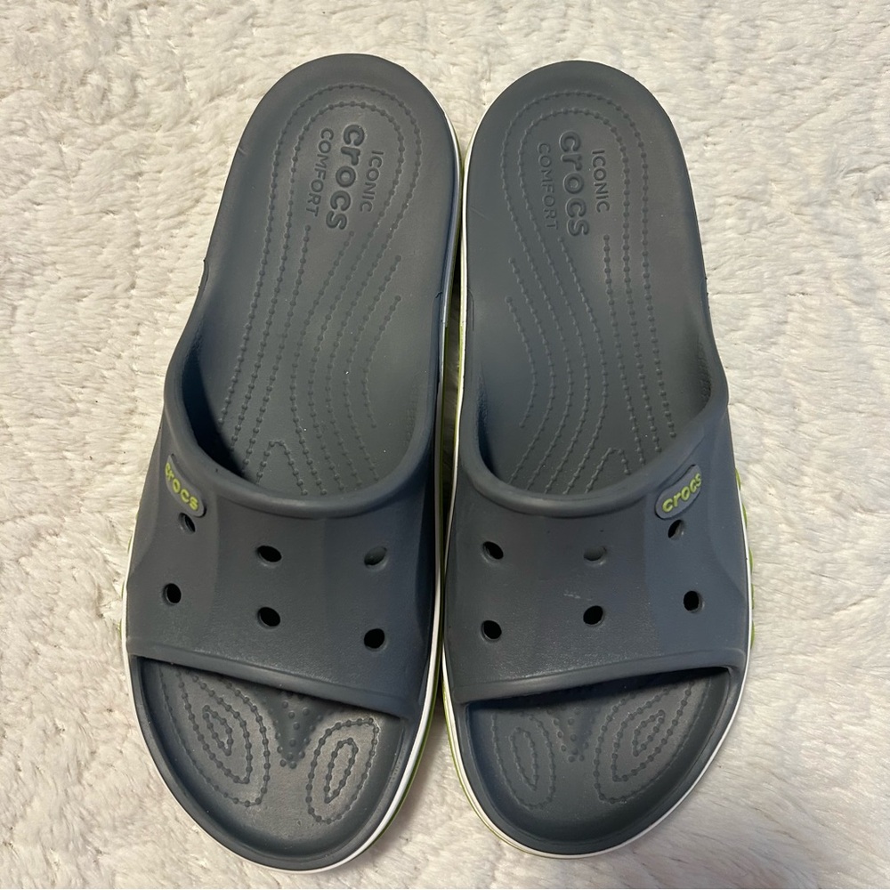 Crocs Bayaband Slide Sandals Charcoal Grey & Lime Green Waterproof Sz 8 Beach